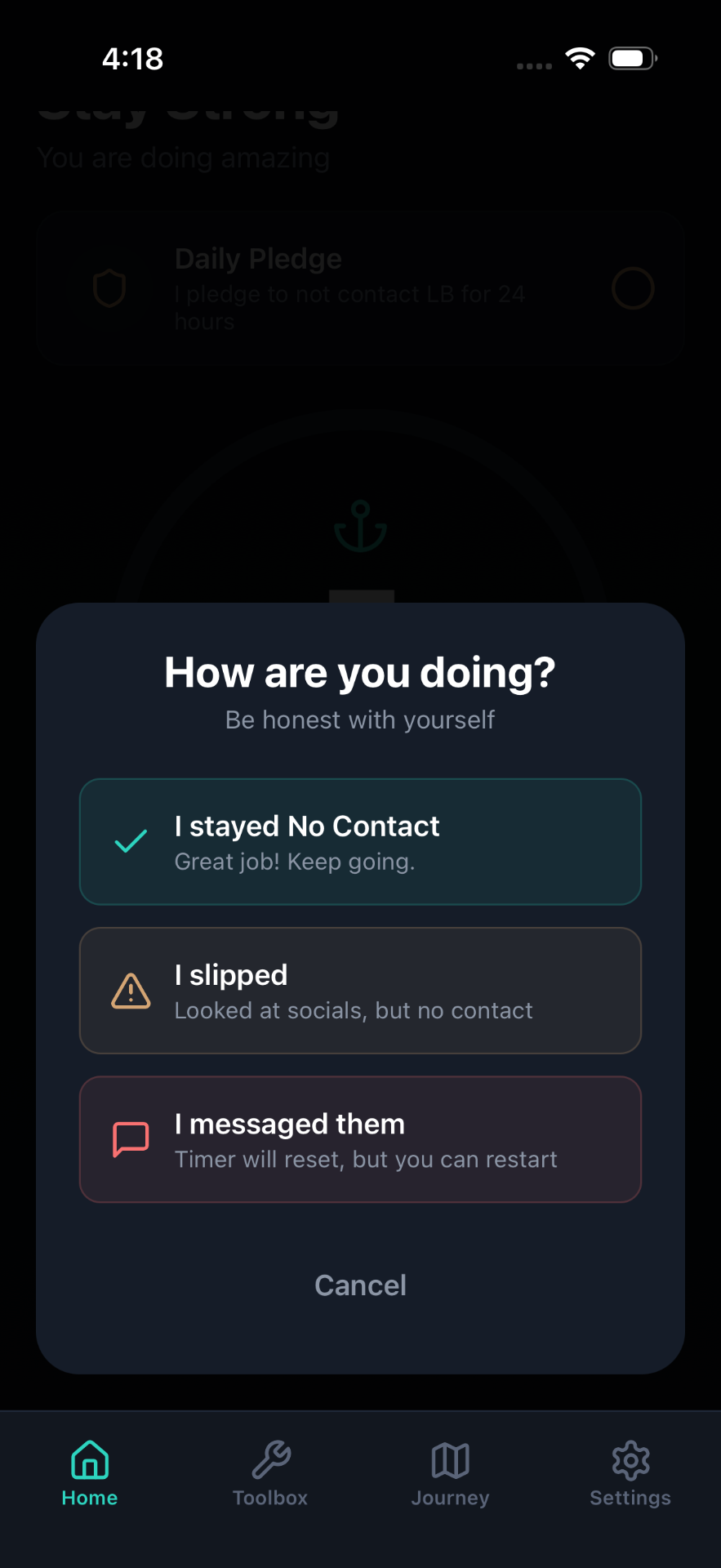 Anchored daily check-in screen with no contact, slip, and break options