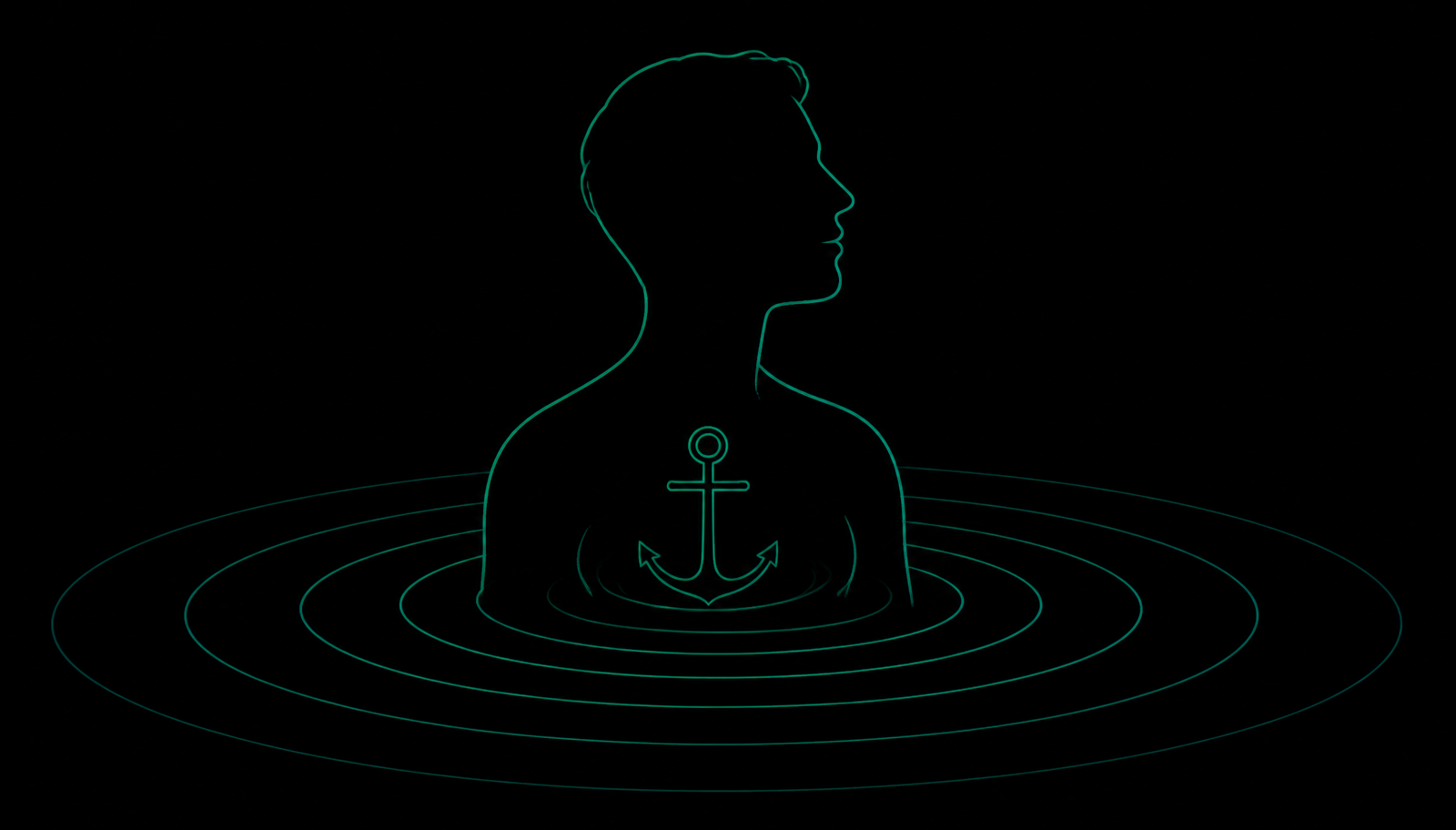 Line art of a person with an anchor in their chest surrounded by calm ripples, illustrating limerence recovery and emotional stability