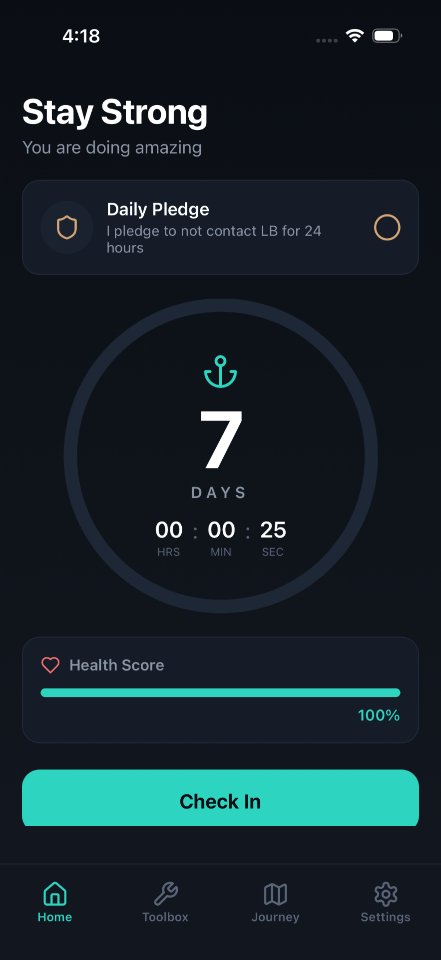 Anchored app no contact streak tracker with daily pledge and health score