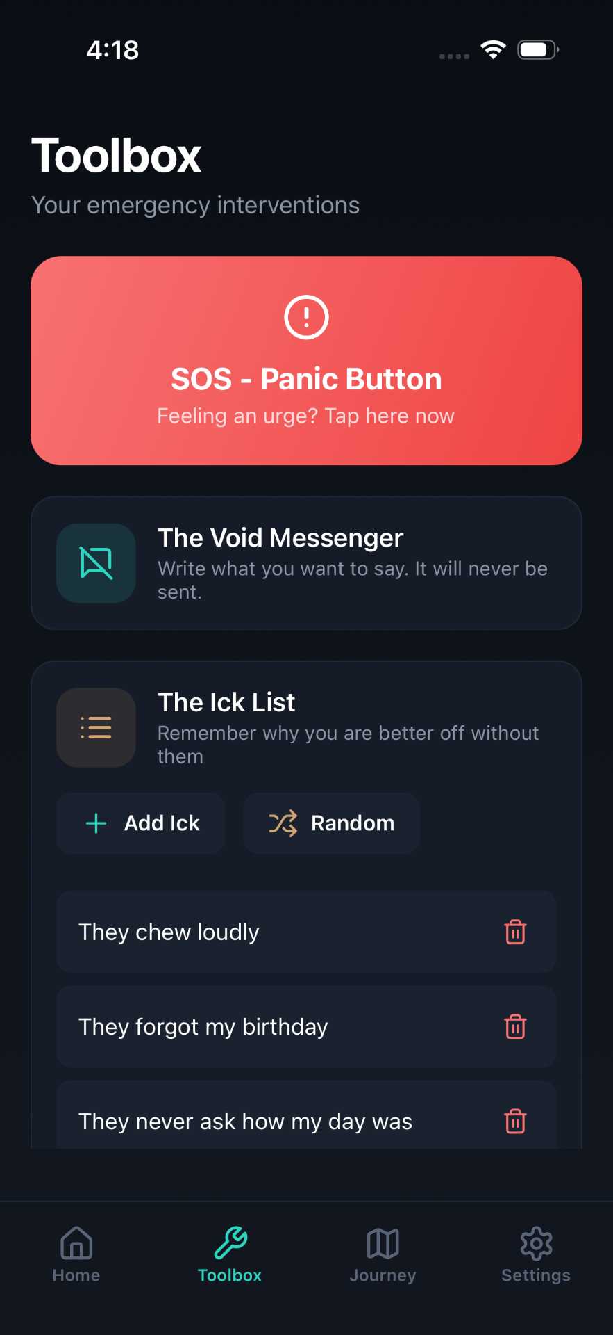 Anchored emergency toolbox with SOS button, Void Messenger, and Ick List