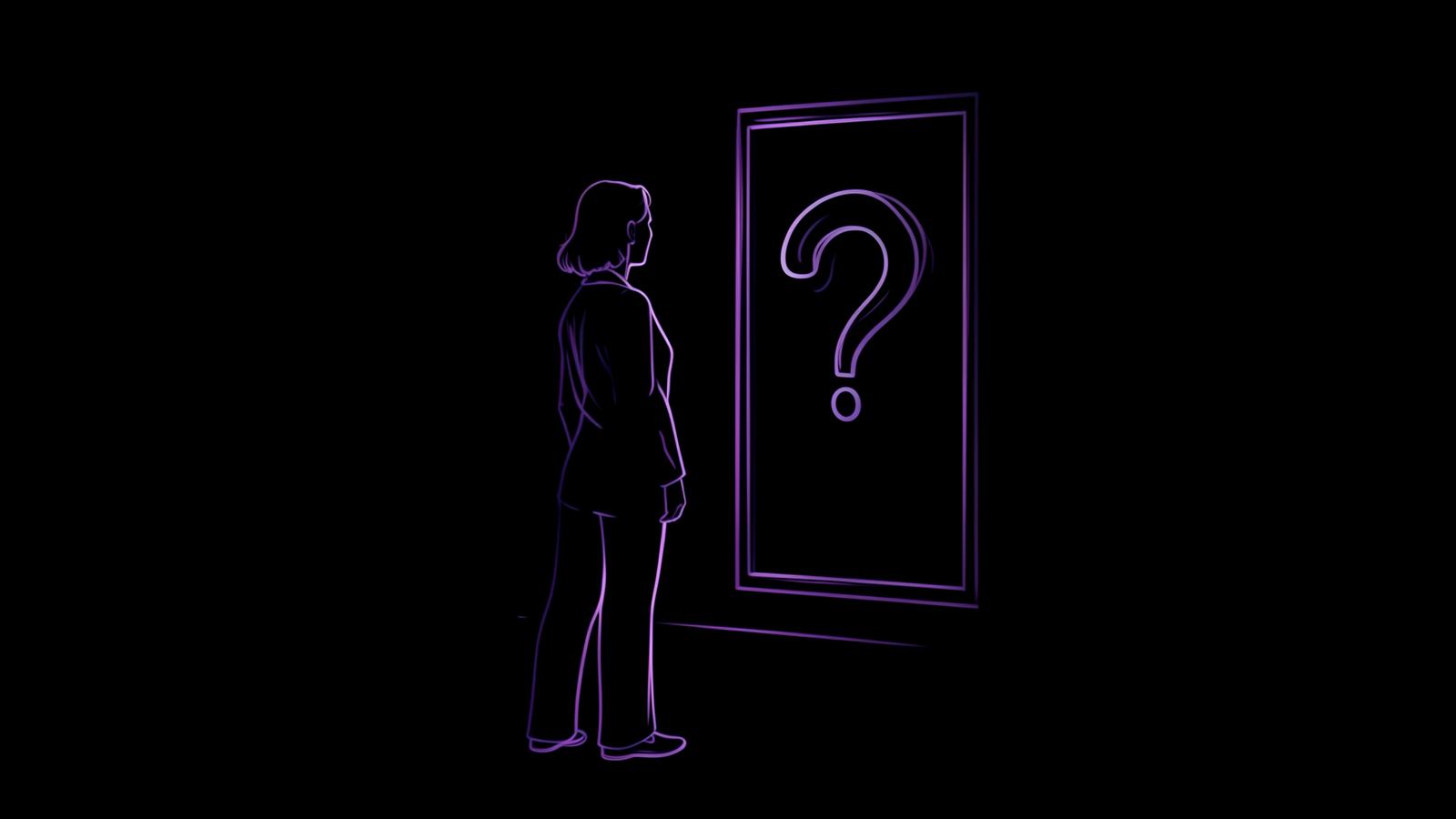 Line art of a person facing a mirror that reflects a question mark, illustrating uncertainty about whether it is binge eating disorder