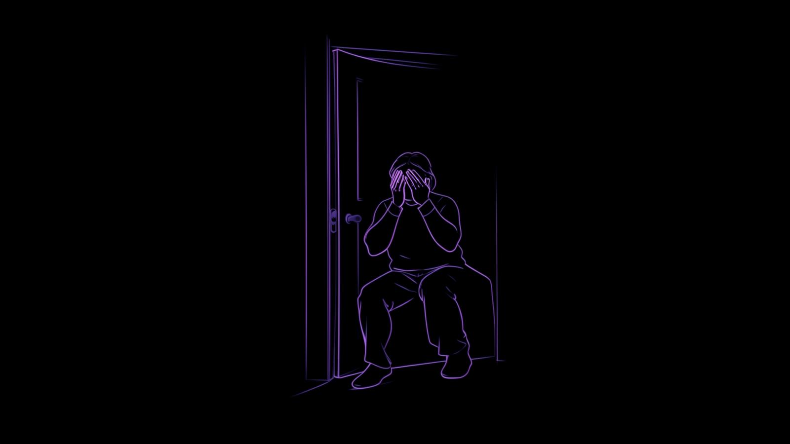 Line art of a person sitting behind a closed door with head in hands, illustrating the shame and secrecy of binge eating