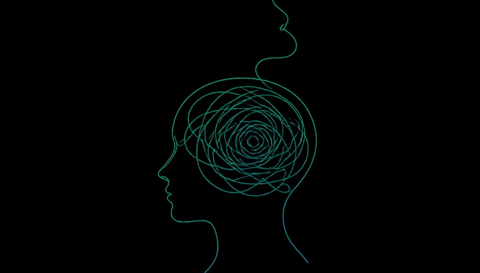 Line art of a head in profile filled with an endless looping thread, showing intrusive obsessive thoughts about one person