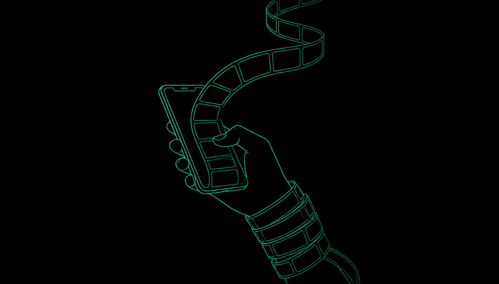 Line art of a hand scrolling a phone with an endless feed ribbon coiling around the wrist, showing compulsive checking of an ex's social media