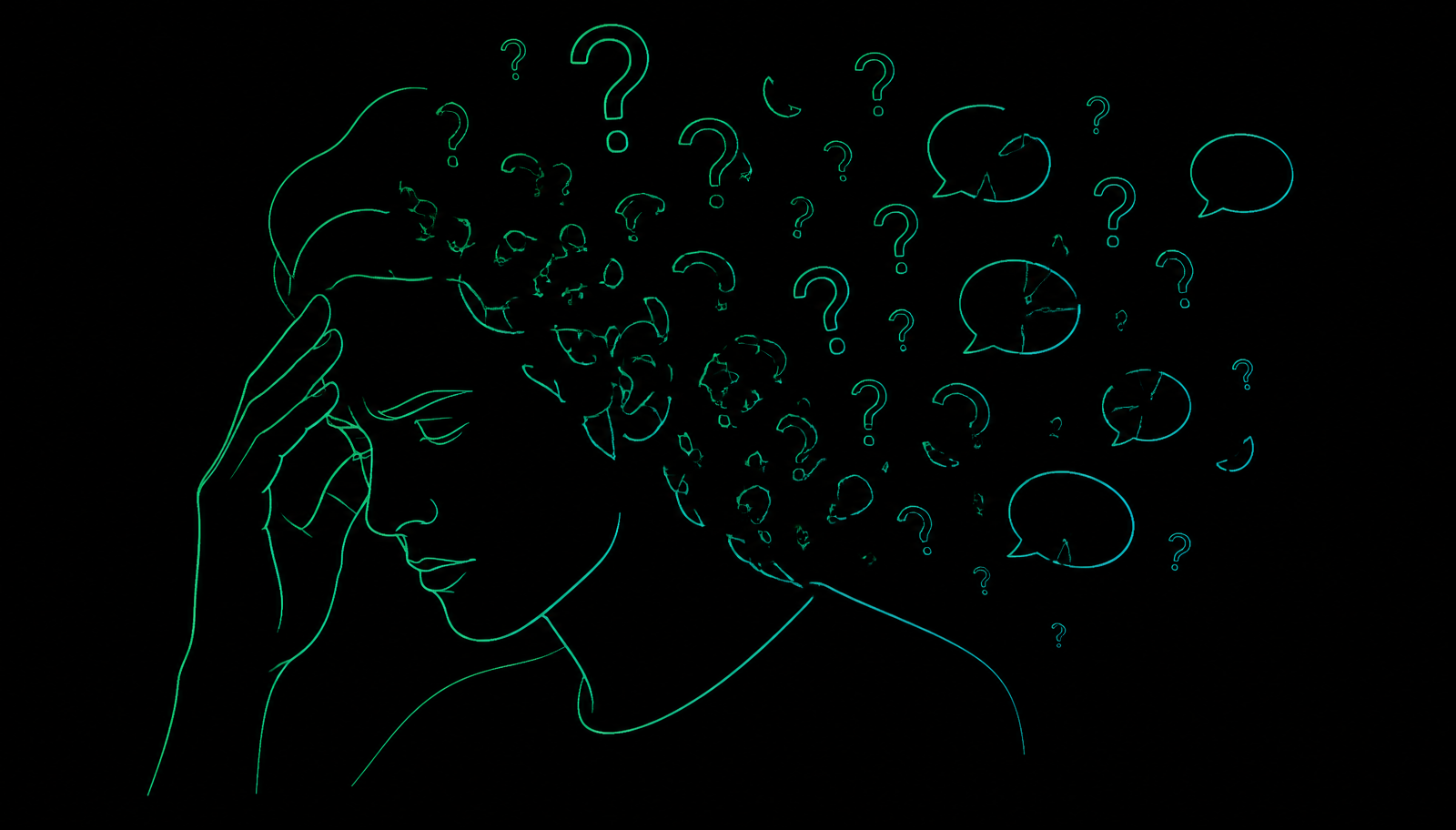 Line art of a face dissolving into question marks and broken speech bubbles, showing anxious overthinking about whether an ex ever cared