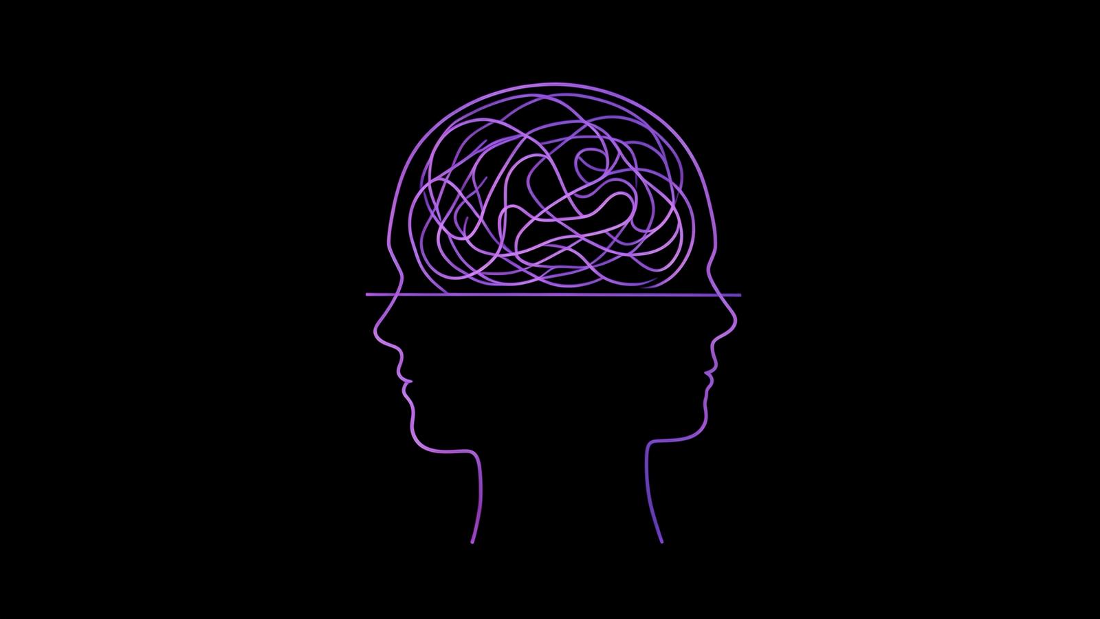Line art of a head profile filled with tangled thoughts resolving into a single quiet line, illustrating food noise going silent