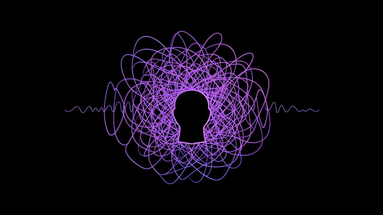 Line art of chaotic sound waves crowding a person's head, illustrating constant intrusive food noise and food obsession