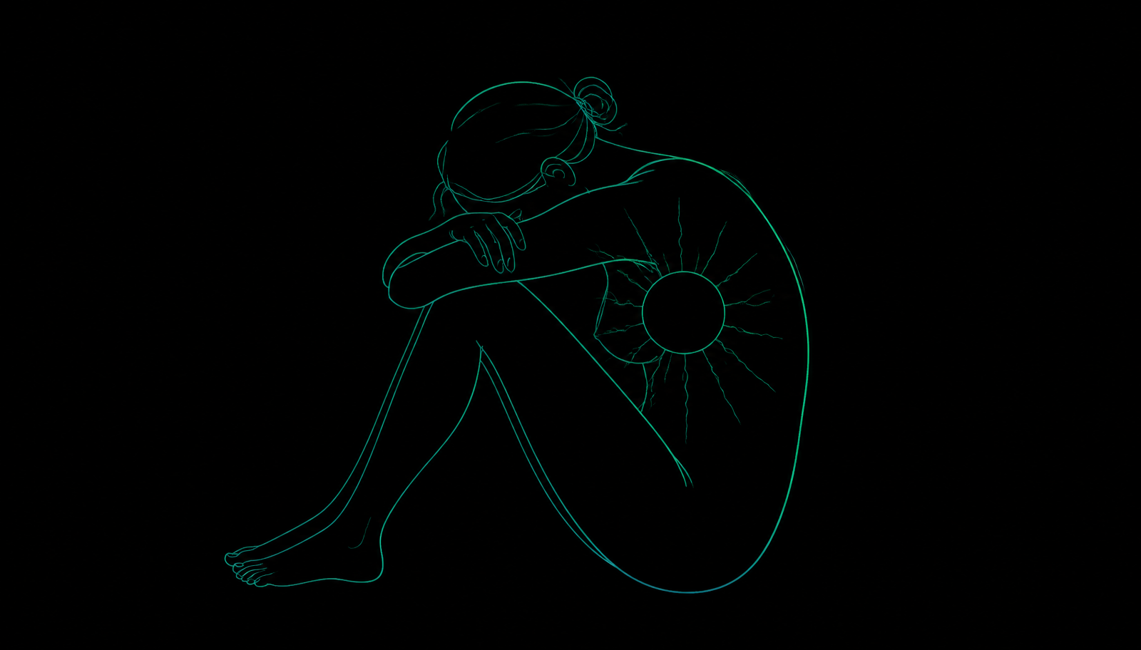 Line art of a person curled forward with a hollow ache radiating from the chest, illustrating the physical pain of heartbreak
