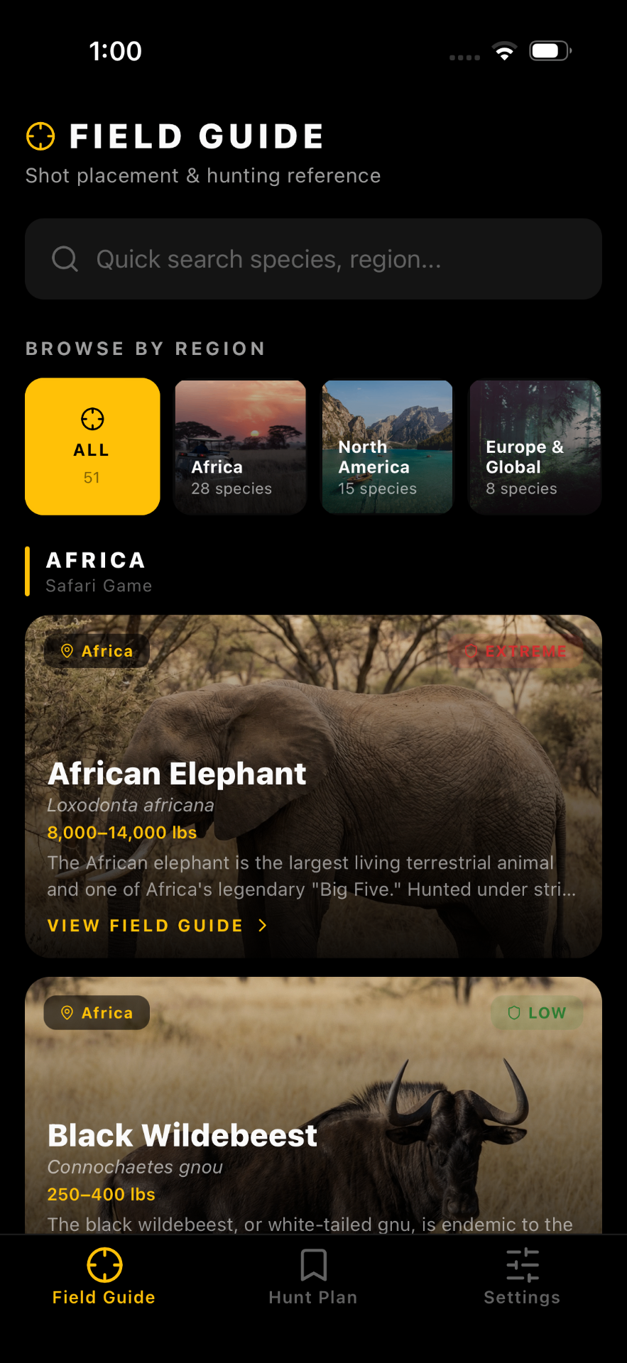 Field Guide home screen with region browsing and species cards