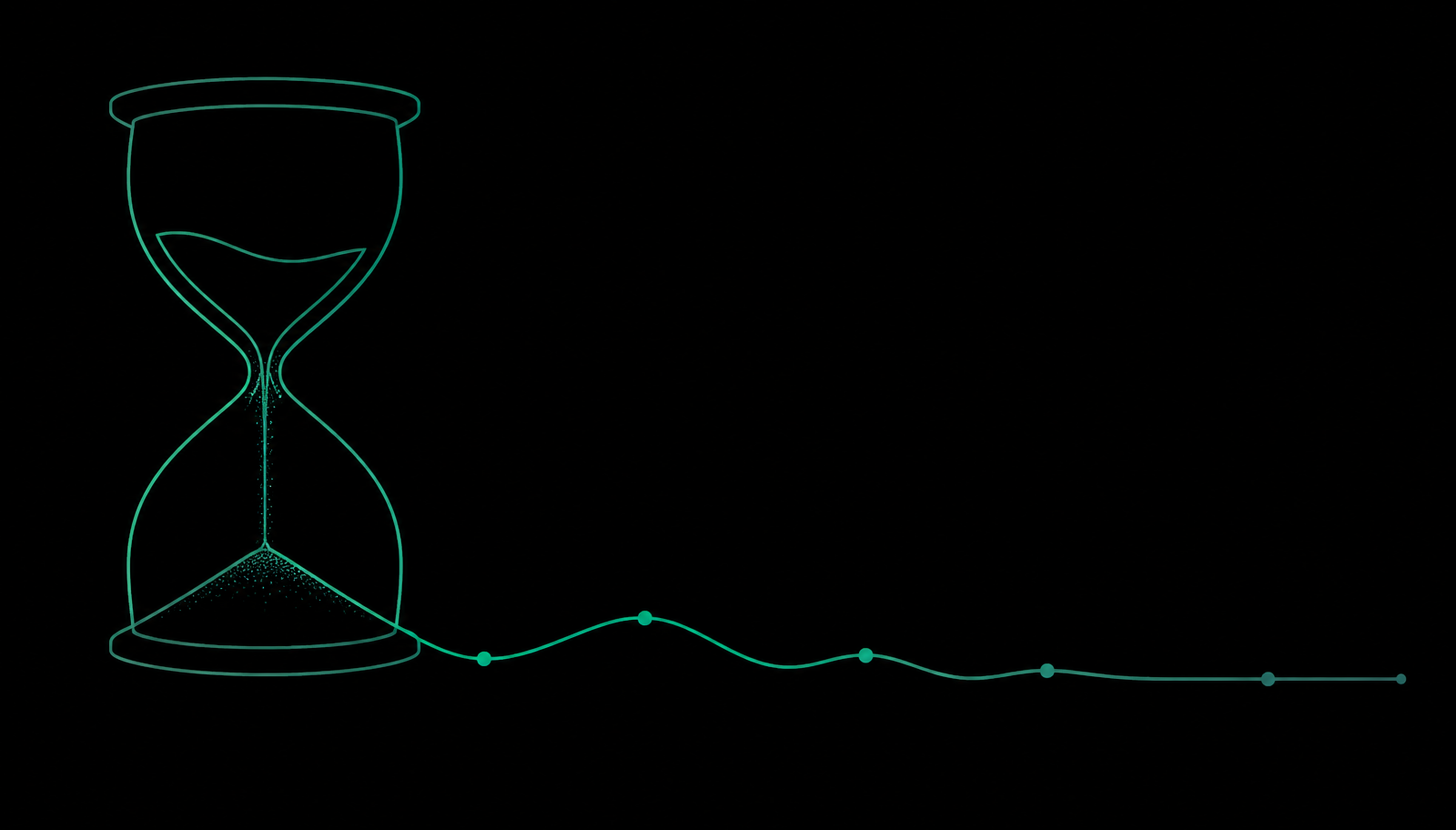 Line art of an hourglass whose sand becomes a flattening wave with milestone dots, showing the limerence recovery timeline