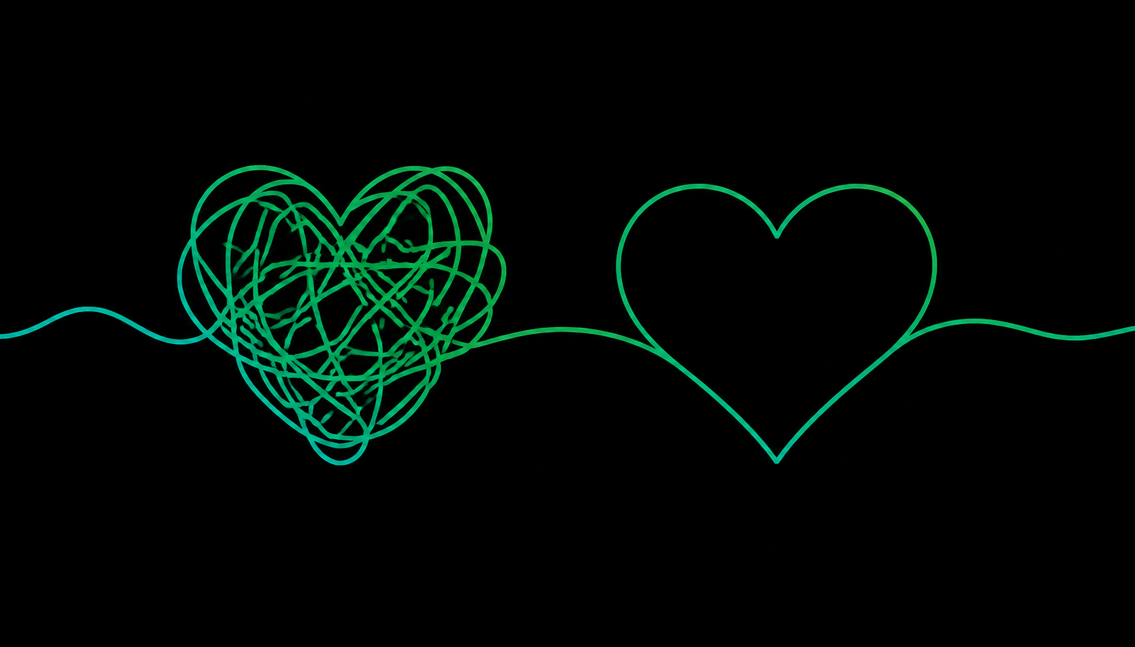 Line art comparing a chaotic scribbled heart with a calm single-line heart, illustrating the difference between limerence and love