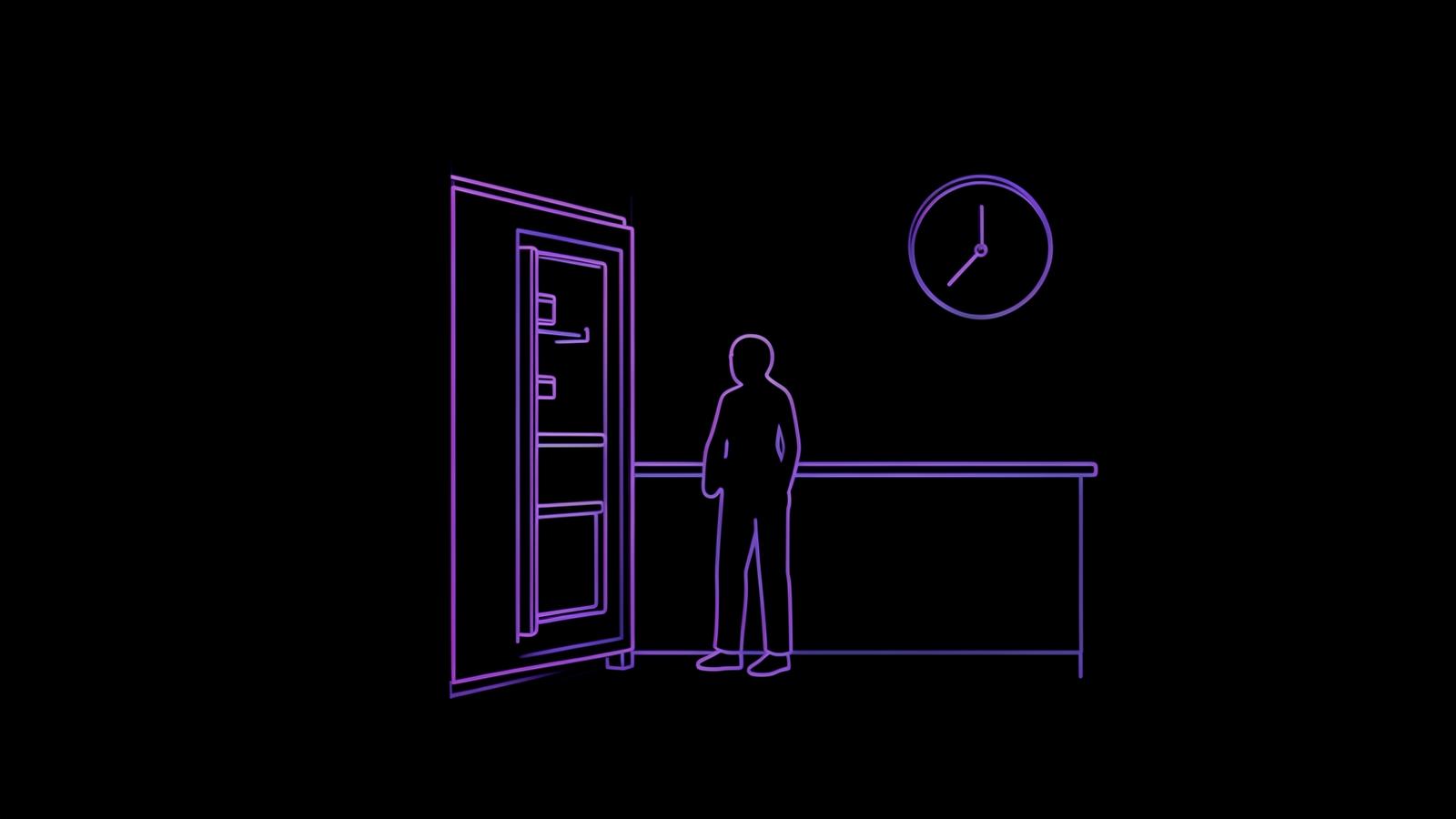 Line art of a person standing alone at an open fridge in a dark kitchen late at night, illustrating night binge eating urges