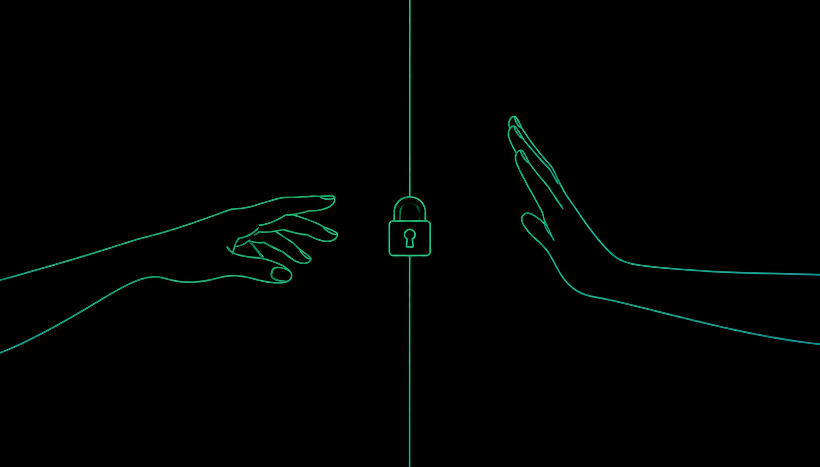 Line art of two hands separated by a vertical line with a padlock, representing the no contact rule during limerence recovery