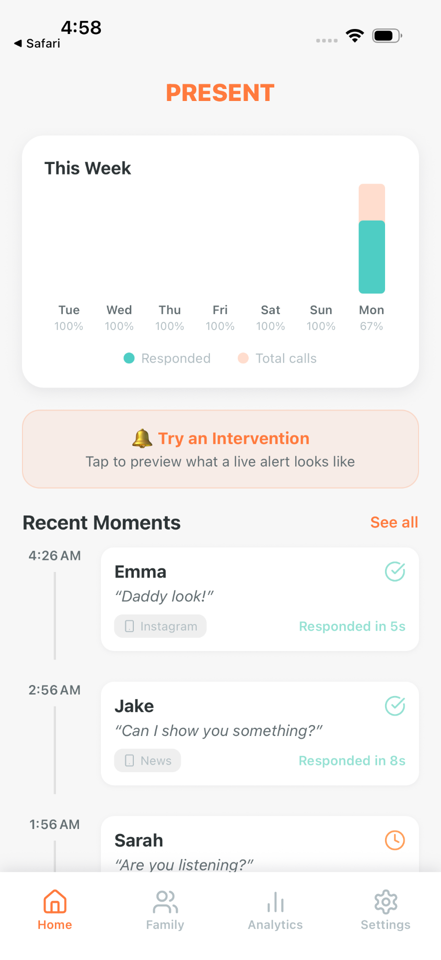 Present app moments timeline showing family interactions