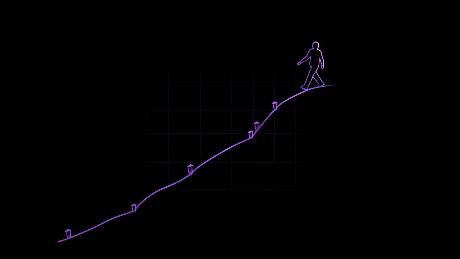 Line art of a person walking up a rising path marked with milestones, illustrating a binge eating recovery timeline