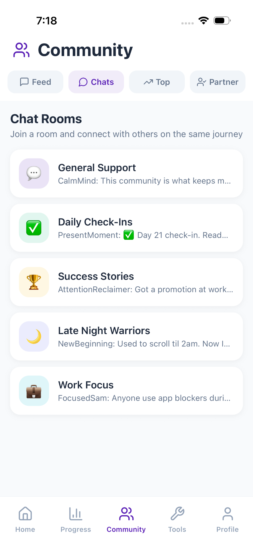 Unhooked community support chat rooms and daily check-ins
