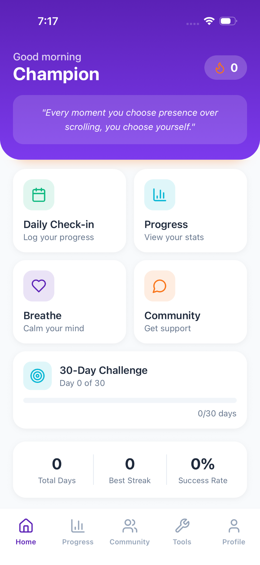 Unhooked dashboard with check-in, breathing, and challenge progress