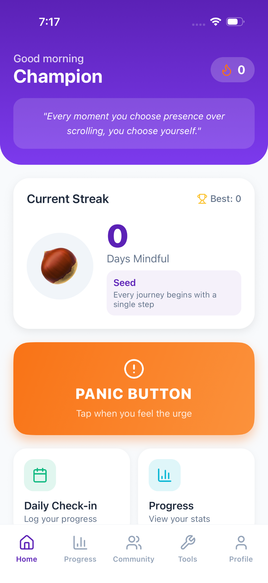 Unhooked streak tracker with growing tree and panic button
