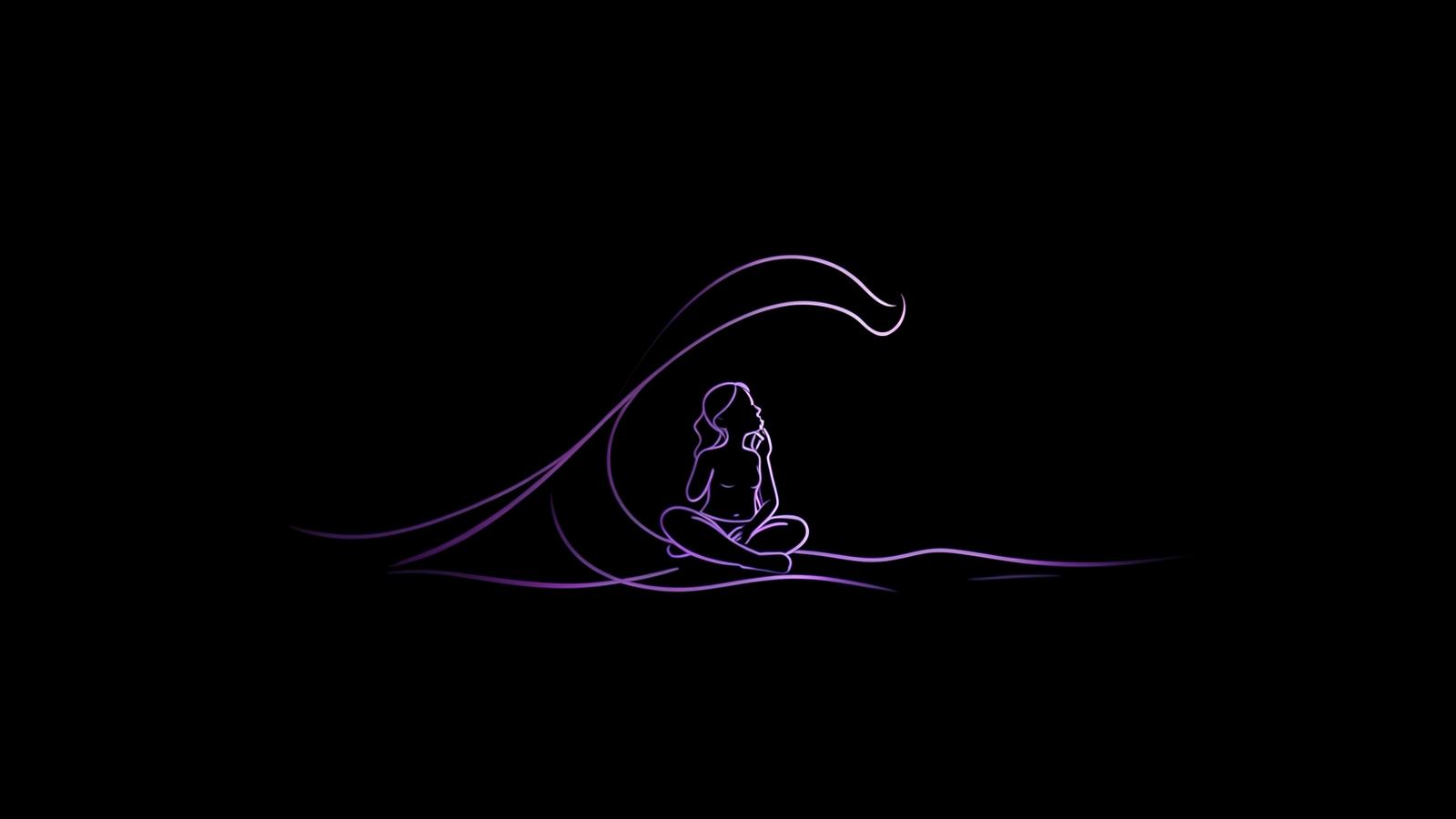 Line art of a person sitting calmly beneath a cresting wave, illustrating urge surfing to ride out a binge eating craving